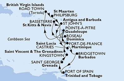 Martinica, Guadalupe, Islas Vírgenes (Británicas), St. Maarten, Dominica, St. Kitts, Antigua y Barbuda, Santa Lucía, Barbados, Trinidad y Tobago, Granada, San Vicente y las Granadinas