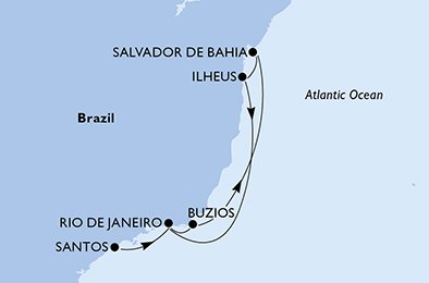 Santos, Río de Janeiro, Buzios, Salvador de Bahía , Ilhéus, Río de Janeiro