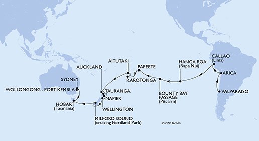 Chile, Perú, Islas Pitcairn, Polinesia Francesa, Islas Cook, Nueva Zelanda, Australia