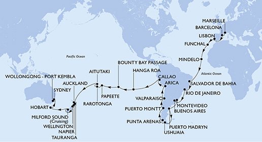 Francia, España, Portugal, Cabo Verde, Brasil, Argentina, Uruguay, Chile, Perú, Islas Pitcairn, Polinesia Francesa, Islas Cook, Nueva Zelanda, Australia