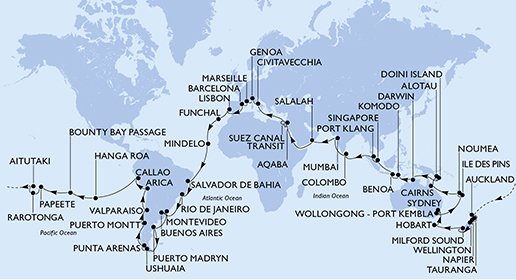 Italia, Francia, España, Portugal, Cabo Verde, Brasil, Argentina, Uruguay, Chile, Perú, Islas Pitcairn, Polinesia Francesa, Islas Cook, Nueva Zelanda, Australia, Nueva Caledonia, Papúa Nueva Guinea, Indonesia, Singapur, Malasia, Sri Lanka, India, Omá