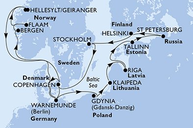 Alemania, Polonia, Lituania, Letonia, Estonia, Rusia, Finlandia, Suecia, Dinamarca, Noruega