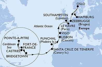 Martinica, Guadalupe, Santa Lucía, Barbados, España, Portugal, Francia, Reino Unido, Bélgica, Noruega, Alemania