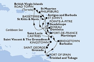 Guadalupe, Islas Vírgenes (Británicas), St. Maarten, Dominica, St. Kitts, Antigua y Barbuda, Martinica, Santa Lucía, Barbados, Trinidad y Tobago, Granada, San Vicente y las Granadinas