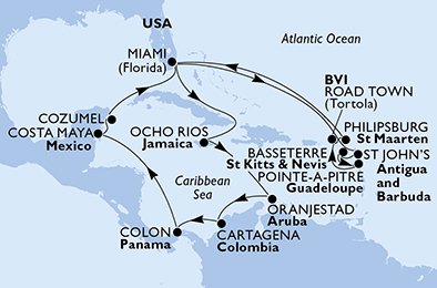 Estados Unidos, Antigua y Barbuda, St. Kitts, Guadalupe, Islas Vírgenes (Británicas), St. Maarten, Jamaica, Aruba, Colombia, Panamá, México