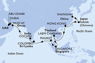 China, Japón, Hong Kong, Tailandia, Singapur, Sri Lanka, India, Omán, Emiratos Árabes Unidos